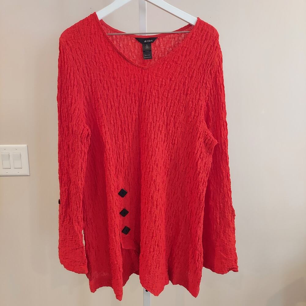 Ali Miles Blouse Size XL Tunic Roll Tab Sleeve Artsy Stretchy‎ Crinkle Pockets